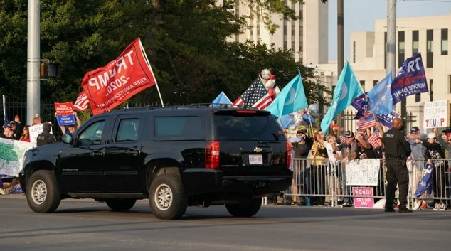 President Trump’s Drive-by Salute To Supporters Outside Walter Reed Hospital